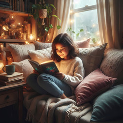Девушка, свернувшись калачиком среди подушек с книгой в руках, погружена в мир фантазий в своем уютном уголке для чтения. Изображение создано искусственным интеллектом - yuyu