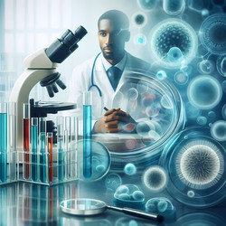 Многослойный коллаж с лабораторной посудой на переднем плане, бактериями под микроскопом в центре и размытым изображением врача или пациента на заднем плане — изображение, созданное искусственным интеллектом - yuyu