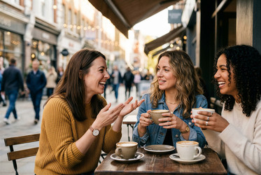 Три подруги смеются вместе в уличном кафе Outdoor Street Cafe Coffee - brillenstimmer