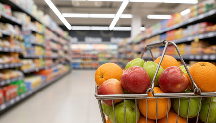 В продуктовом магазине корзина, наполненная свежими яблоками и апельсинами - brillenstimmer