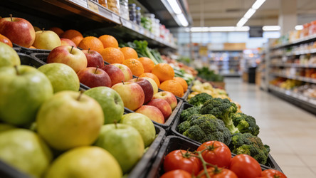 Выкладка свежих фруктов и овощей в отделе свежих продуктов супермаркета - brillenstimmer