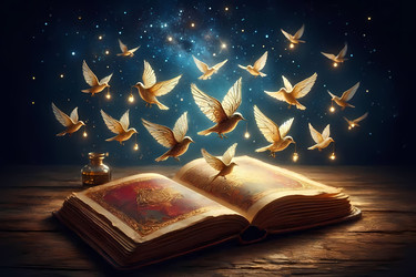 Иллюстрация нейрогенеза: открытая книга, страницы которой превращаются в стаю светящихся птиц, каждая из которых несет крошечный светящийся огонек. Изображение создано с помощью искусственного интеллекта - yuyu