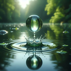 Медитативный крупный план одинокой капли воды, падающей на спокойный пруд, запечатленный в самый момент удара, создающий идеальный всплеск в форме короны. Изображение, созданное с помощью искусственного интеллекта - yuyu