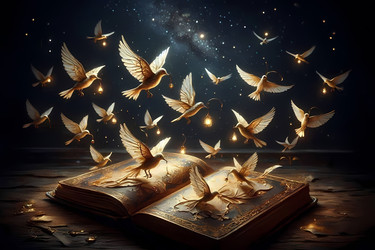 Иллюстрация нейрогенеза: открытая книга, страницы которой превращаются в стаю светящихся птиц, каждая из которых несет крошечный светящийся огонек. Изображение создано с помощью искусственного интеллекта - yuyu
