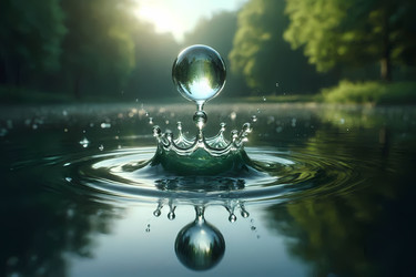 Медитативный крупный план одинокой капли воды, падающей на спокойный пруд, запечатленный в самый момент удара, создающий идеальный всплеск в форме короны. Изображение, созданное с помощью искусственного интеллекта - yuyu
