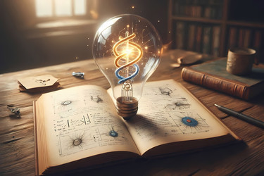 Концептуальное изображение нейрогенеза: лампочка, растущая из книги, с нитью накаливания, образующей светящуюся двойную спираль ДНК. Изображение создано с помощью искусственного интеллекта - yuyu