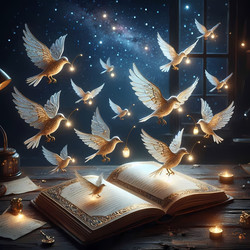 Иллюстрация нейрогенеза: открытая книга, страницы которой превращаются в стаю светящихся птиц, каждая из которых несет крошечный светящийся огонек. Изображение создано с помощью искусственного интеллекта - yuyu