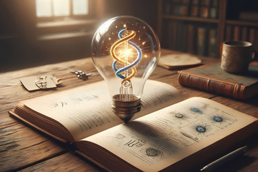 Концептуальное изображение нейрогенеза: лампочка, растущая из книги, с нитью накаливания, образующей светящуюся двойную спираль ДНК. Изображение создано с помощью искусственного интеллекта - yuyu