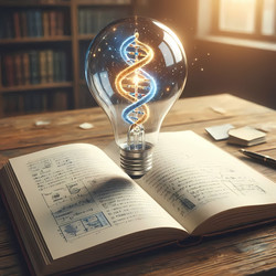 Концептуальное изображение нейрогенеза: лампочка, растущая из книги, с нитью накаливания, образующей светящуюся двойную спираль ДНК. Изображение создано с помощью искусственного интеллекта - yuyu