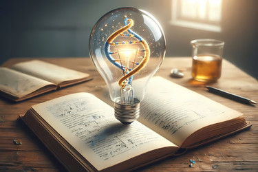 Концептуальное изображение нейрогенеза: лампочка, растущая из книги, с нитью накаливания, образующей светящуюся двойную спираль ДНК. Изображение создано с помощью искусственного интеллекта - yuyu