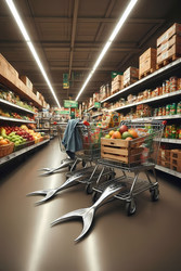 Проход в продуктовом магазине с тележками, похожими на рыбьи хвосты (изображение, созданное искусственным интеллектом) - yuyu