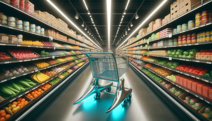 Проход в продуктовом магазине с тележками, похожими на рыбьи хвосты (изображение, созданное искусственным интеллектом) - yuyu