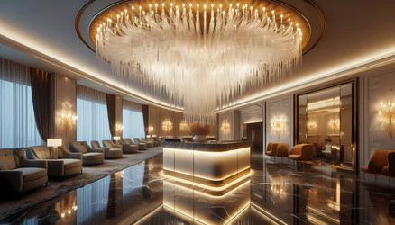 Лобби отеля с люстрой, с которой капает свет, словно тающая свеча. Изображение, созданное искусственным интеллектом - yuyu
