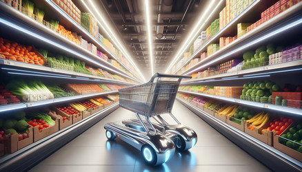 Проход в продуктовом магазине с тележками, похожими на рыбьи хвосты (изображение, созданное искусственным интеллектом) - yuyu