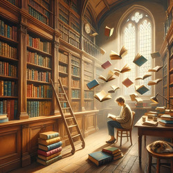 Библиотека, где книги слетают с открытых полок, словно птицы (изображение, созданное искусственным интеллектом) - yuyu