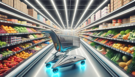 Проход в продуктовом магазине с тележками, похожими на рыбьи хвосты (изображение, созданное искусственным интеллектом) - yuyu
