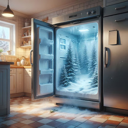 Кухня с холодильником, из которой открывается вид на заснеженный зимний пейзаж (изображение, созданное искусственным интеллектом) - yuyu