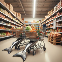 Проход в продуктовом магазине с тележками, похожими на рыбьи хвосты (изображение, созданное искусственным интеллектом) - yuyu