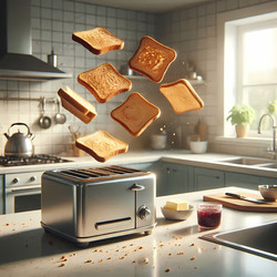 Кухонная столешница с тостером, который запускает тосты в воздух, как птицы. Изображение, созданное с помощью искусственного интеллекта - yuyu