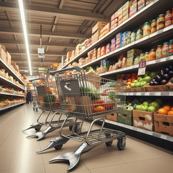 Проход в продуктовом магазине с тележками, похожими на рыбьи хвосты (изображение, созданное искусственным интеллектом) - yuyu