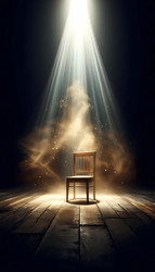 Сюрреалистическая сценическая сцена с единственным деревянным стулом, освещенным сверху лучом белого света, изображение, созданное искусственным интеллектом - yuyu