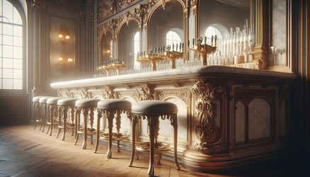 Общий план винтажной барной стойки с кремово-белой и серой мраморной столешницей и коваными барными стульями. Изображение создано с помощью искусственного интеллекта - yuyu