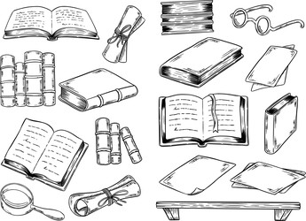 Набор нарисованных от руки старинных книг и свитков на деревянной книжной полке в стиле эскиза тушью, изолированный на белом фоне. Гравюра для оформления книжного магазина или библиотеки, обложки книги, упаковки, открыток - Milla_Zelenyuk
