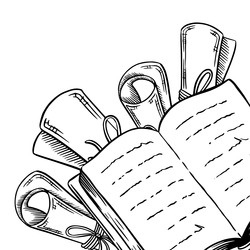 Набор нарисованных от руки старинных книг и свитков на деревянной книжной полке в стиле эскиза тушью, изолированный на белом фоне. Гравюра для оформления книжного магазина или библиотеки, обложки книги, упаковки, открыток - Milla_Zelenyuk