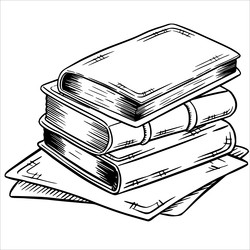 Набор нарисованных от руки старинных книг и свитков на деревянной книжной полке в стиле эскиза тушью, изолированный на белом фоне. Гравюра для оформления книжного магазина или библиотеки, обложки книги, упаковки, открыток - Milla_Zelenyuk