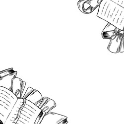 Набор нарисованных от руки старинных книг и свитков на деревянной книжной полке в стиле эскиза тушью, изолированный на белом фоне. Гравюра для оформления книжного магазина или библиотеки, обложки книги, упаковки, открыток - Milla_Zelenyuk