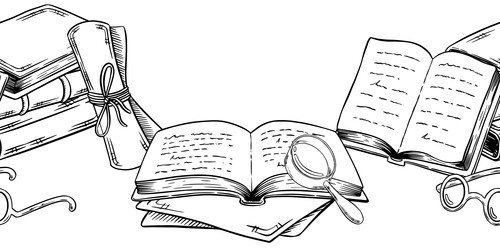 Набор нарисованных от руки старинных книг и свитков на деревянной книжной полке в стиле эскиза тушью, изолированный на белом фоне. Гравюра для оформления книжного магазина или библиотеки, обложки книги, упаковки, открыток - Milla_Zelenyuk