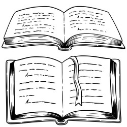 Набор нарисованных от руки старинных книг и свитков на деревянной книжной полке в стиле эскиза тушью, изолированный на белом фоне. Гравюра для оформления книжного магазина или библиотеки, обложки книги, упаковки, открыток - Milla_Zelenyuk