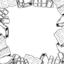 Набор нарисованных от руки старинных книг и свитков на деревянной книжной полке в стиле эскиза тушью, изолированный на белом фоне. Гравюра для оформления книжного магазина или библиотеки, обложки книги, упаковки, открыток - Milla_Zelenyuk