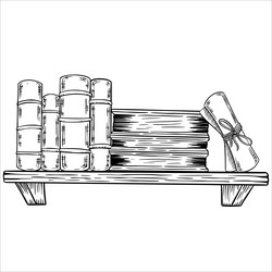 Набор нарисованных от руки старинных книг и свитков на деревянной книжной полке в стиле эскиза тушью, изолированный на белом фоне. Гравюра для оформления книжного магазина или библиотеки, обложки книги, упаковки, открыток - Milla_Zelenyuk