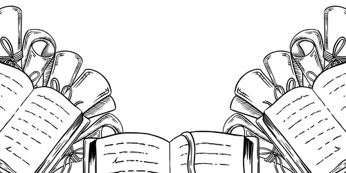 Набор нарисованных от руки старинных книг и свитков на деревянной книжной полке в стиле эскиза тушью, изолированный на белом фоне. Гравюра для оформления книжного магазина или библиотеки, обложки книги, упаковки, открыток - Milla_Zelenyuk