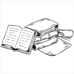 Набор нарисованных от руки старинных книг и свитков на деревянной книжной полке в стиле эскиза тушью, изолированный на белом фоне. Гравюра для оформления книжного магазина или библиотеки, обложки книги, упаковки, открыток - Milla_Zelenyuk