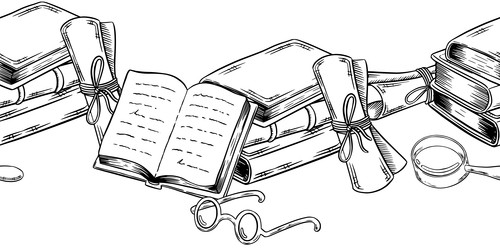 Набор нарисованных от руки старинных книг и свитков на деревянной книжной полке в стиле эскиза тушью, изолированный на белом фоне. Гравюра для оформления книжного магазина или библиотеки, обложки книги, упаковки, открыток - Milla_Zelenyuk