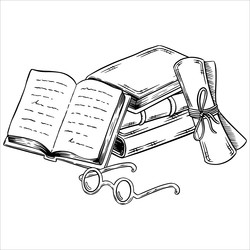 Набор нарисованных от руки старинных книг и свитков на деревянной книжной полке в стиле эскиза тушью, изолированный на белом фоне. Гравюра для оформления книжного магазина или библиотеки, обложки книги, упаковки, открыток - Milla_Zelenyuk