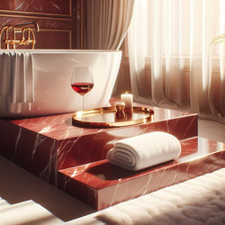 Элегантная ванная комната с платформой для ванны из красного мрамора, интегрированной со ступенькой и золотым подносом. Изображение, созданное с помощью искусственного интеллекта - yuyu