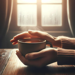 Крупный план двух рук, одна из которых заметно дрожит, а другая неподвижно держит теплую кружку чая, над деревянным столом. Изображение создано с помощью искусственного интеллекта - yuyu