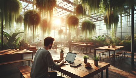 Цифровой кочевник работает за ноутбуком за общим столом в залитом солнцем кафе-оранжерее, в окружении свисающих растений и лиан. Изображение, созданное искусственным интеллектом - yuyu