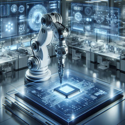 Изображение, созданное искусственным интеллектом, представляет собой сцену из высокотехнологичной лаборатории, где роботизированная рука работает над микрочипом, в окружении голографических дисплеев, отображающих схемы и данные - yuyu