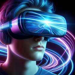Крупный план шлема виртуальной реальности на лице человека, отражение VR-экрана в глазах и размытые неоновые световые следы вокруг него. Изображение, сгенерированное искусственным интеллектом - yuyu