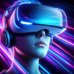 Крупный план шлема виртуальной реальности на лице человека, отражение VR-экрана в глазах и размытые неоновые световые следы вокруг него. Изображение, сгенерированное искусственным интеллектом - yuyu