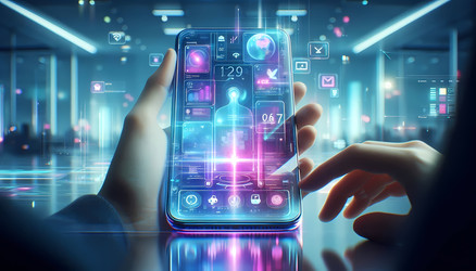Футуристическая сцена, на которой человек использует прозрачный смартфон, а над экраном парят голографические проекции приложений и данных. Изображение создано с помощью искусственного интеллекта - yuyu