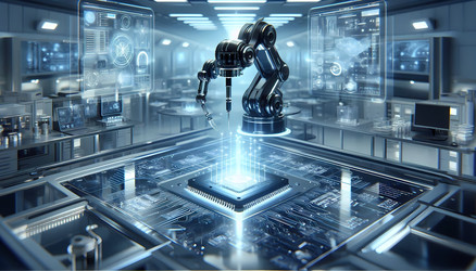 Изображение, созданное искусственным интеллектом, представляет собой сцену из высокотехнологичной лаборатории, где роботизированная рука работает над микрочипом, в окружении голографических дисплеев, отображающих схемы и данные - yuyu