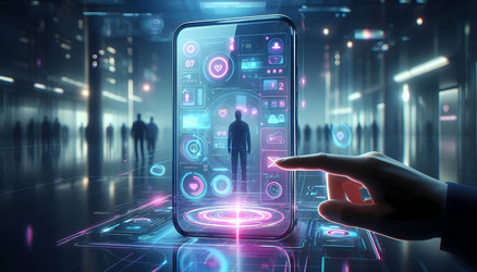 Футуристическая сцена, на которой человек использует прозрачный смартфон, а над экраном парят голографические проекции приложений и данных. Изображение создано с помощью искусственного интеллекта - yuyu