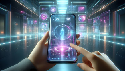 Футуристическая сцена, на которой человек использует прозрачный смартфон, а над экраном парят голографические проекции приложений и данных. Изображение создано с помощью искусственного интеллекта - yuyu