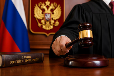 Крупный план руки судьи в черной мантии, держащей деревянный молоток, на фоне флага и герба Российской Федерации - brillenstimmer