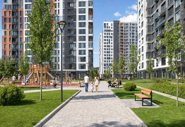 Семейная прогулка во внутреннем дворе современного жилого комплекса с детской площадкой - brillenstimmer